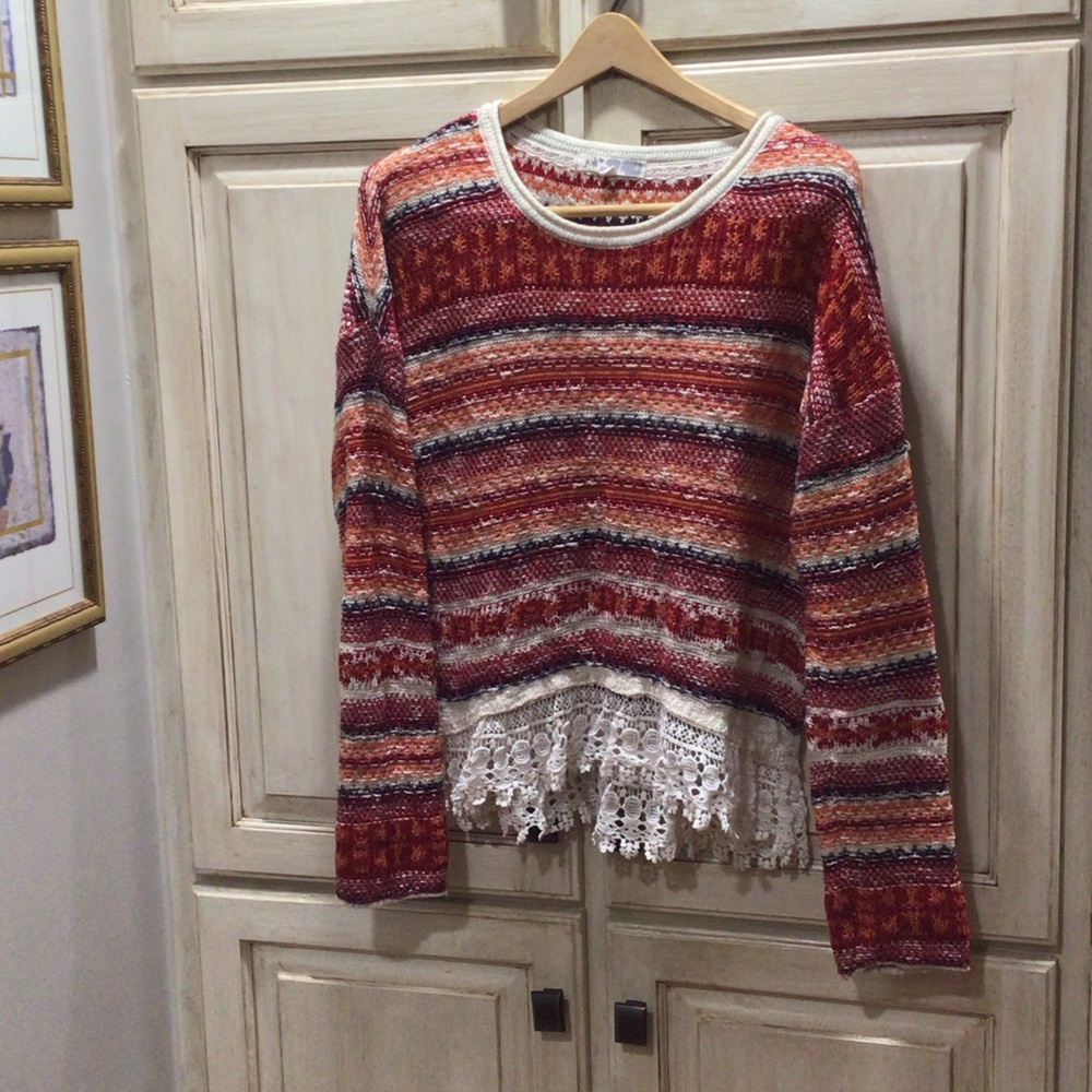 Jolt Red and White Striped Lace Hem Sweater Top